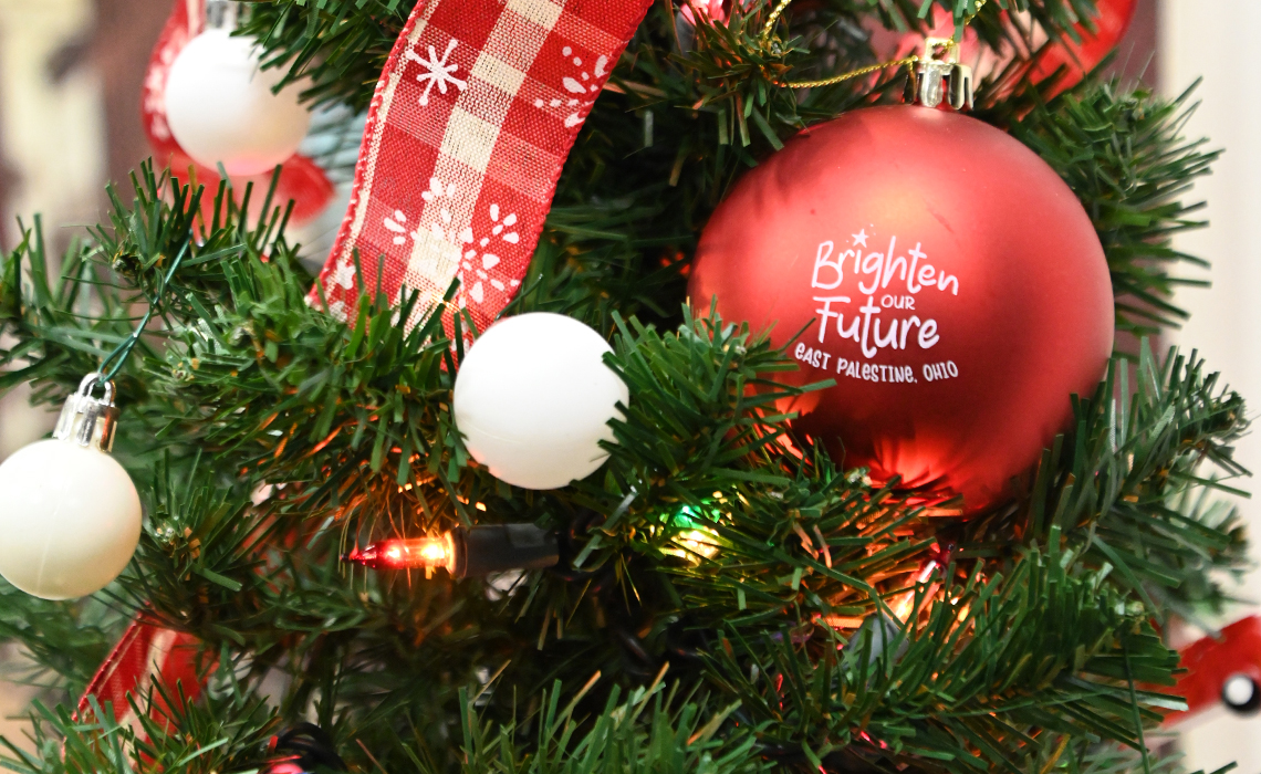 East Palestine Brighten our Future Ornament hangin on Christmas Tree